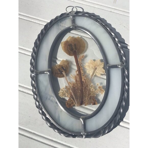 Vtg Stained Glass Pewter Frame Dried Flowers Floral Wall Hanging Sun Catcher Art - Picture 5 of 11
